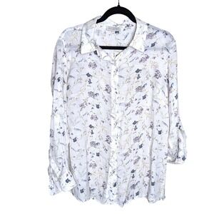 Blousology Sz 1X White Floral Button Front Blouse Cottagecore‎ Romantic Sheer